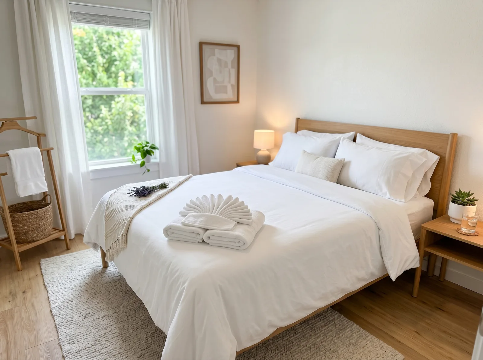 A turn-ready short-term rental bedroom - a crisply made white bed with fan-folded towels and fresh linens, staged for the next guest
