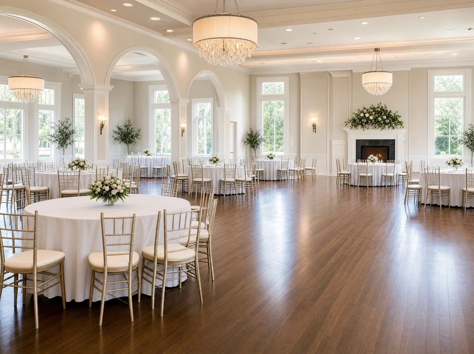 A clean banquet and event hall freshly set up with round tables, white linens, gold chairs and a polished floor, ready for a reception