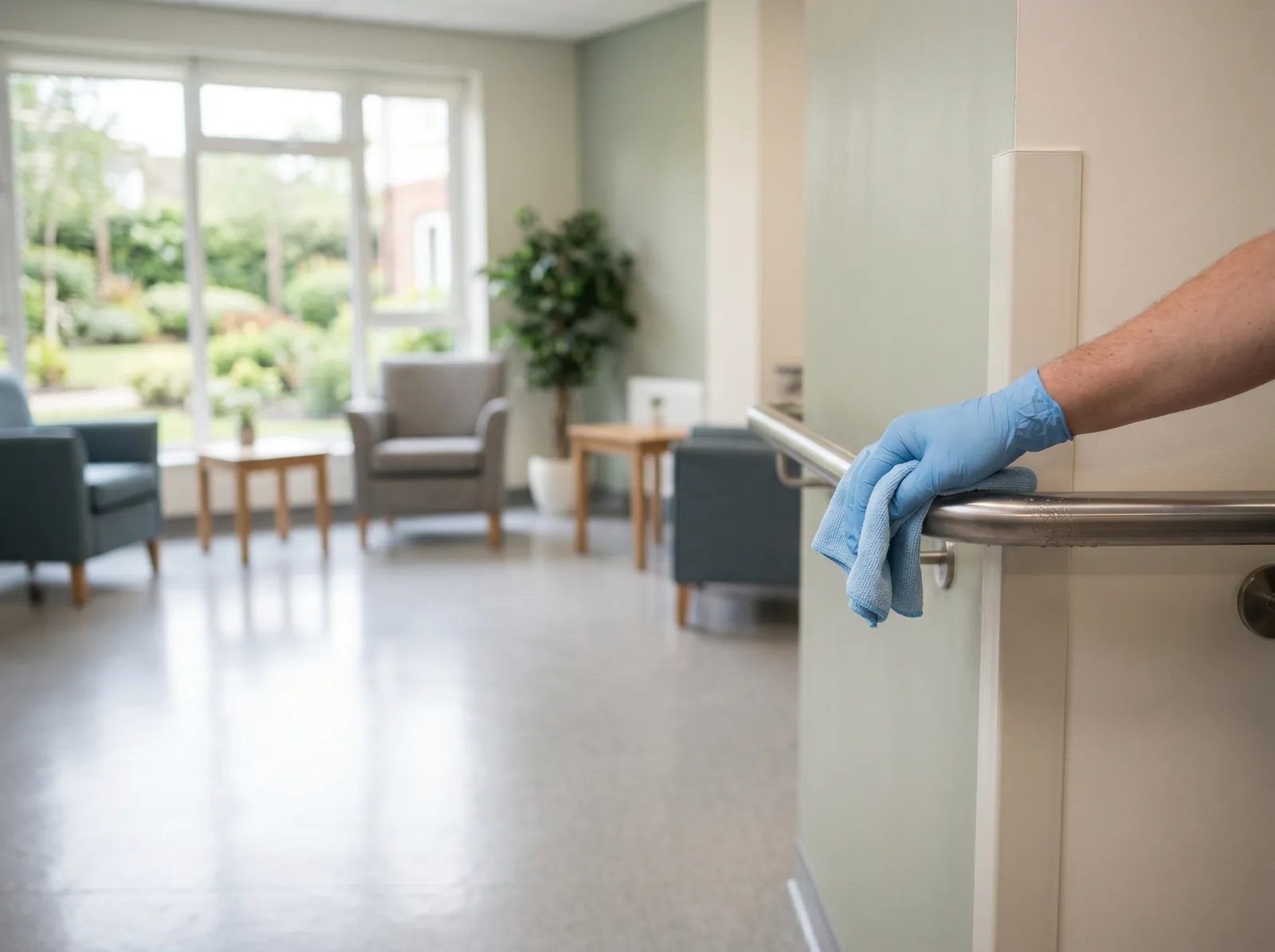 A bright senior-living common area being sanitized - a gloved hand wiping a stainless handrail with a microfiber cloth