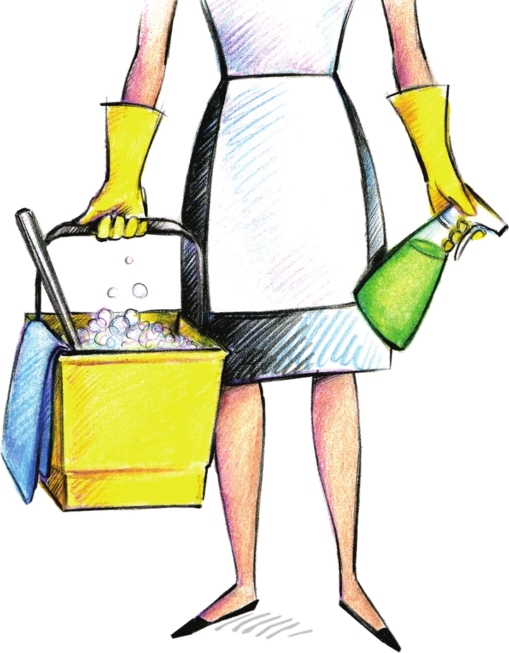 Faithful Cleaning Service logo - a cleaning professional in a white apron and yellow gloves, carrying a yellow bucket of soapy water and holding a green spray bottle